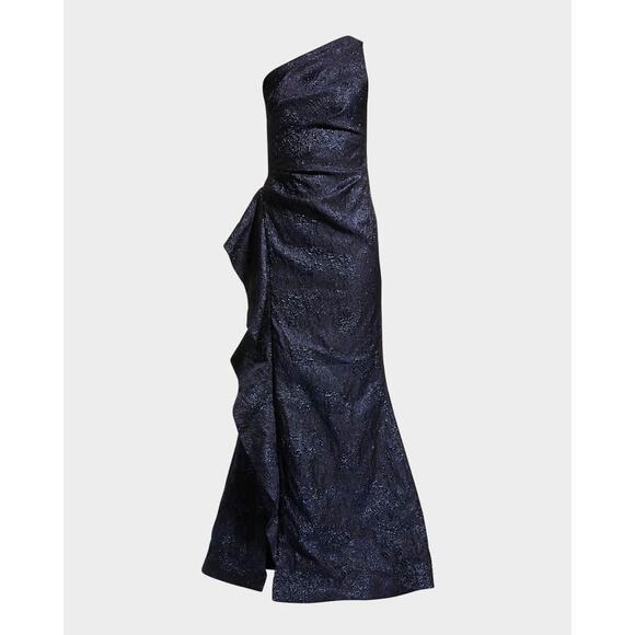 Rickie Freeman Teri Jon Navy One-Shoulder Jacquard Side-Ruffle Evening Gown 16 - Picture 3 of 14